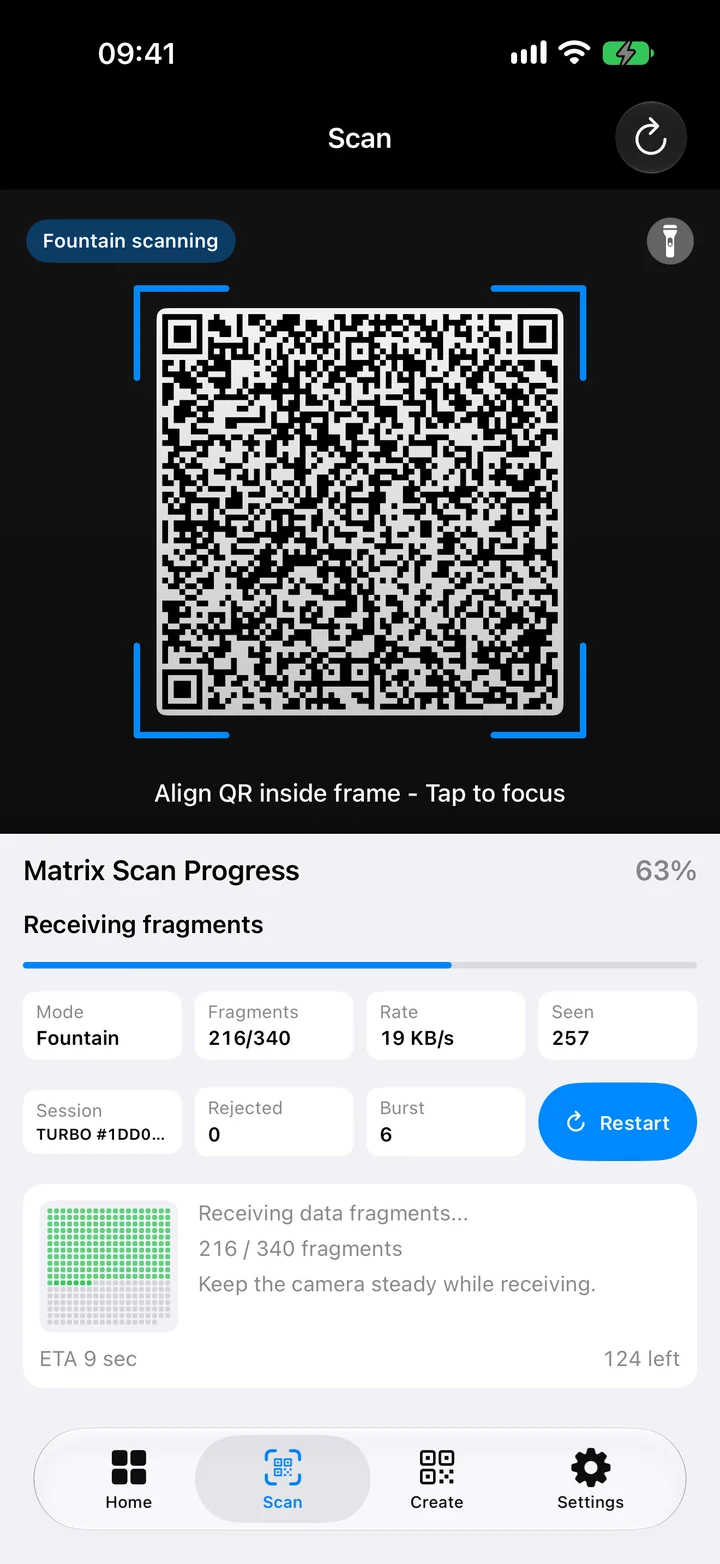 LightDrop on iPhone scanning the code, with the fragment grid filling in.